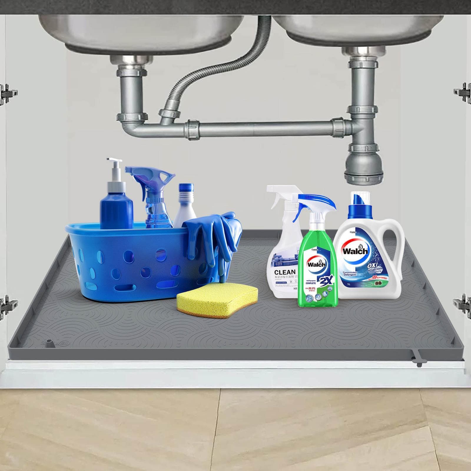 Grey Skill Well undersink mat in kitchen cabinet with cleaning supplies